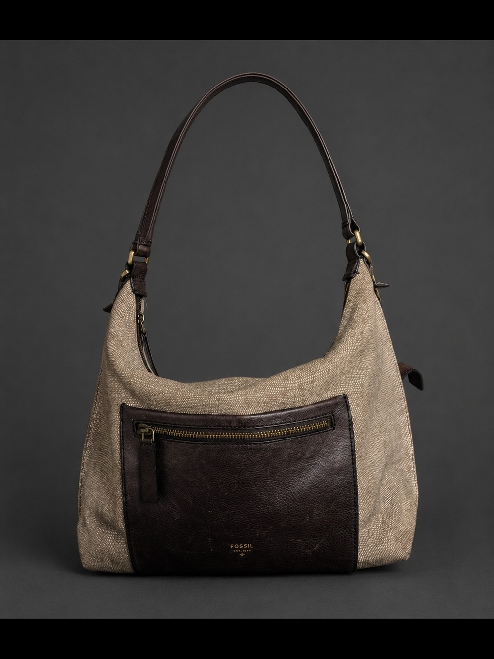 Fossil Gold Glitter and Dark Brown Leather Hobo Bag